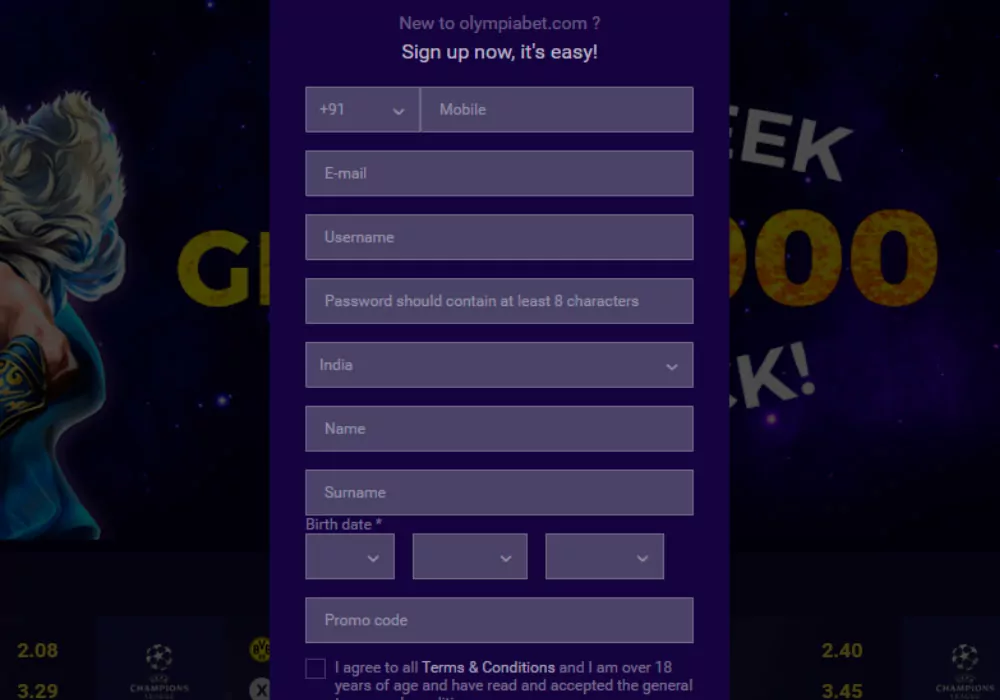 Fill in the required information at OlympicBet