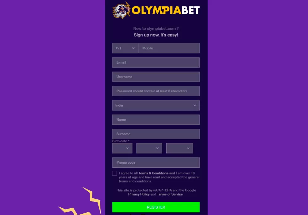 Enter your personal data in the Olympiabet registration form